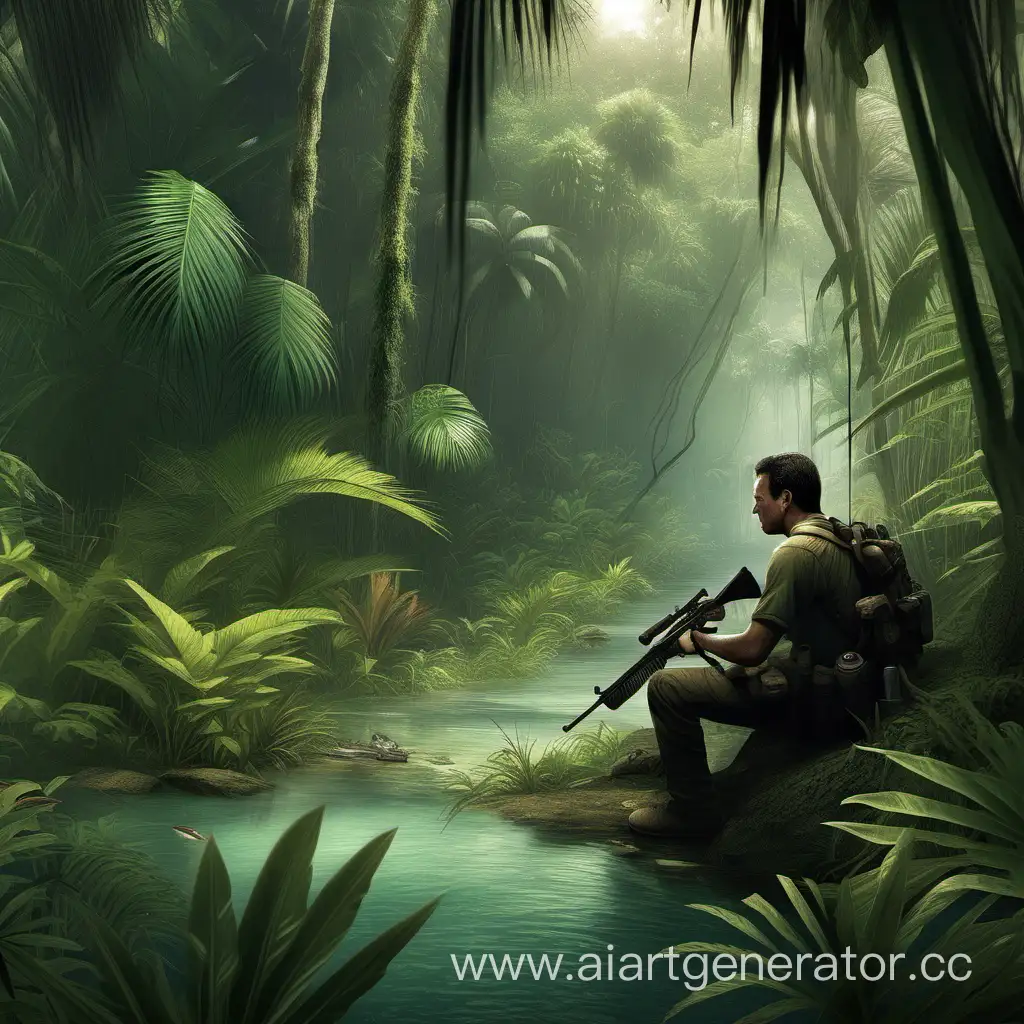 Труднодоступные тропические джунгли и внутри них небольшая полянка с небольшим ручьем рядом сидит уставший раненый человек в крови автомат за спиной