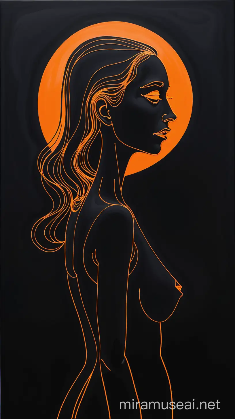 Painting of outlines of woman who is lonely and depressed. Black background and orange outlines inspired by Salvador Dali style 