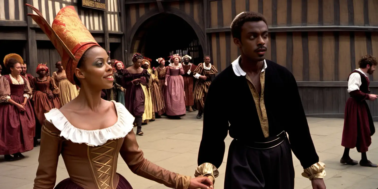 A color photo of a beautiful Abyssinian woman, 25, dressed in paupers clothes, and an attractive black man dressed in servants attire walking towards the Globe Theatre in 1595 London.  A sign above the theatre reads "A MIDSUMMER NIGHT'S DREAM." People mingle around. 