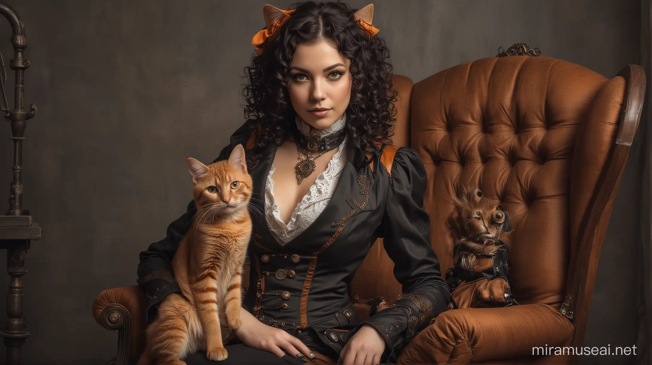 beautiful steampunk woman sits in an armchair with an orange cat on her knees, the woman has black curly hair and dark brown steampunk jacket, shirt and trouses