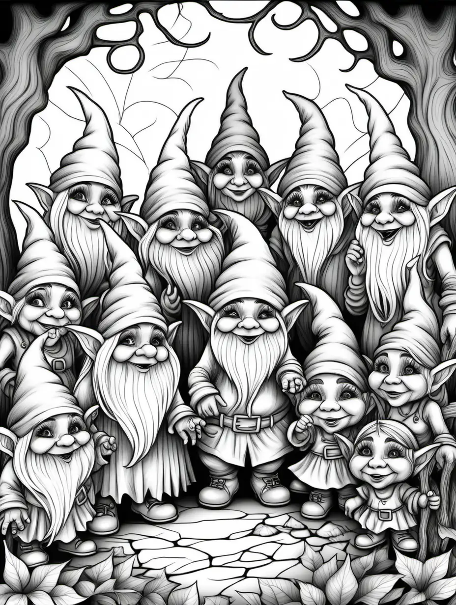 adult coloring page, halloween female gnome troll meeting others, thick lines, low detail, no shading