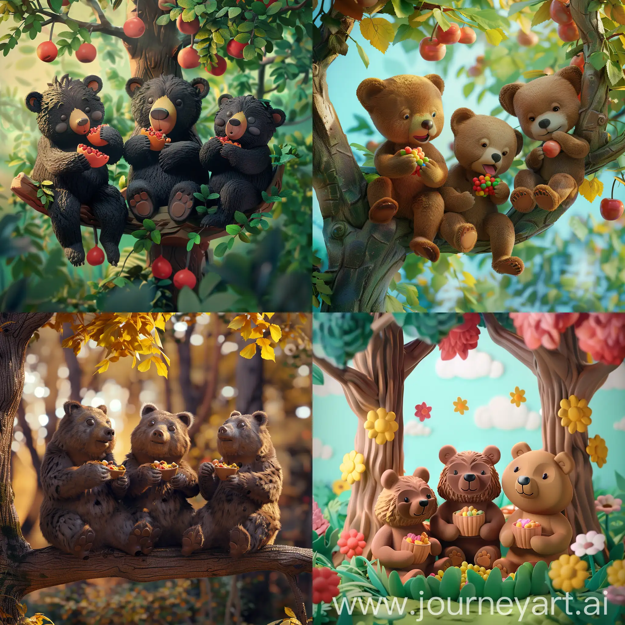 Three bears sitting in a tree eating candy :: 3D animation 