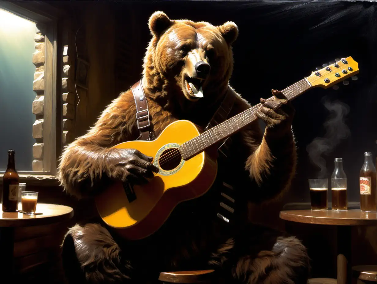 brown bear playing guitar and harpmonica in a dark cafe Frank Frazetta style