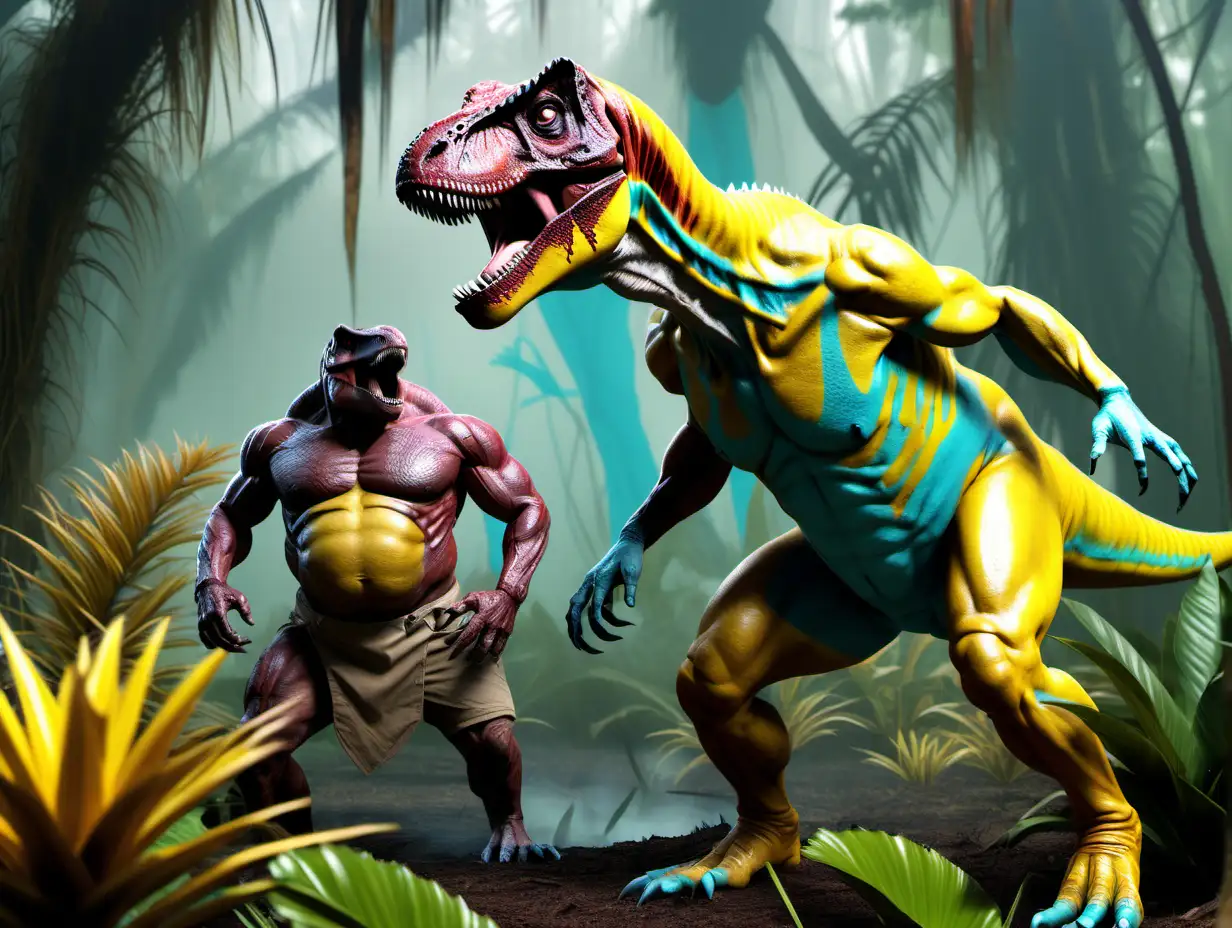 Yellow and cyan Anthropromorphised muscular Trex hunter holding farts hunting. background is prehistoric bromeliad swamp.