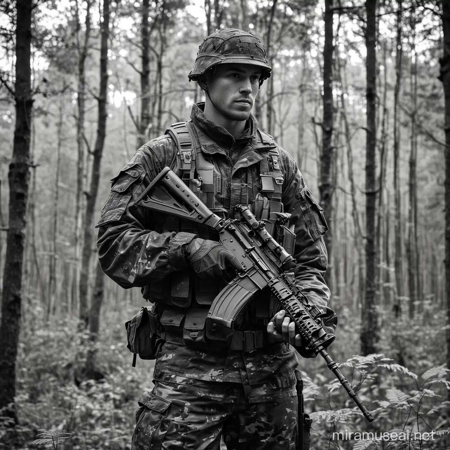 a black and white picture of an armed soldier wearing camo with a forest in the background