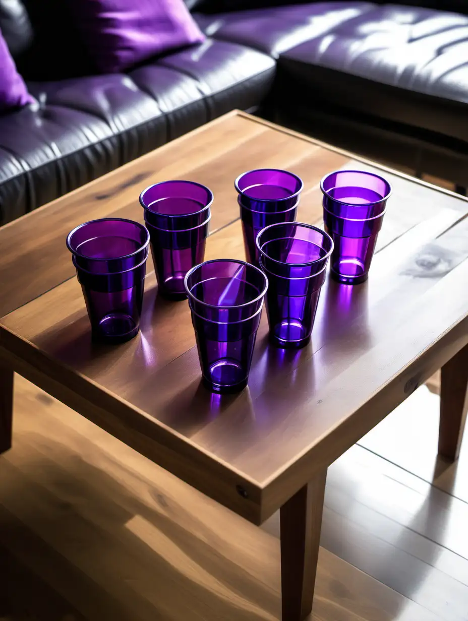 purple solo cups and glass bottles on a minimalist teak wooden coffee table