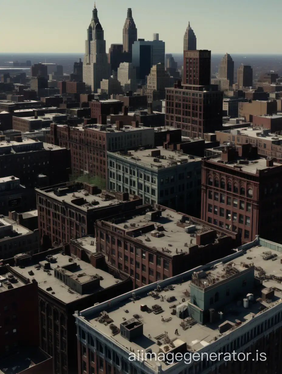 1920's rooftop view of a bustling downtown Newark, NJ. hyper realistic, 8K, UHD, finely detailed