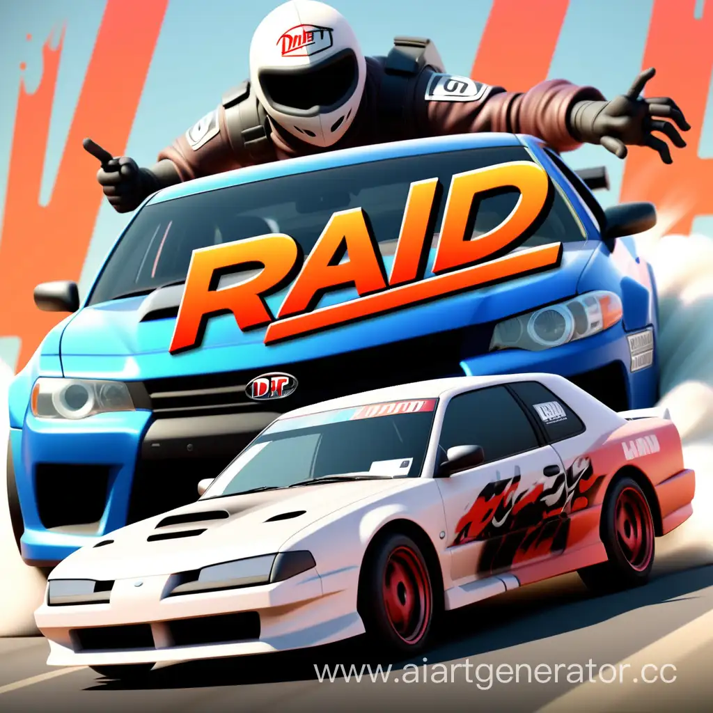 текст "RAID" на фоне дрифт машин и маньяка за рулём машины