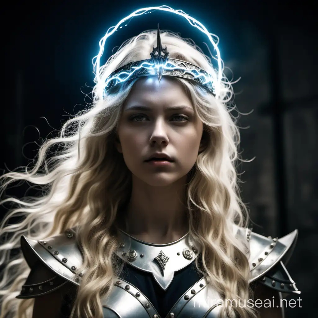 A girl with long, wavy, light blonde hair. She is a pawn of the Gods. She has the power of electricity. She has a silver circlet around her head. She is dressed like a warrior. She is tired.
