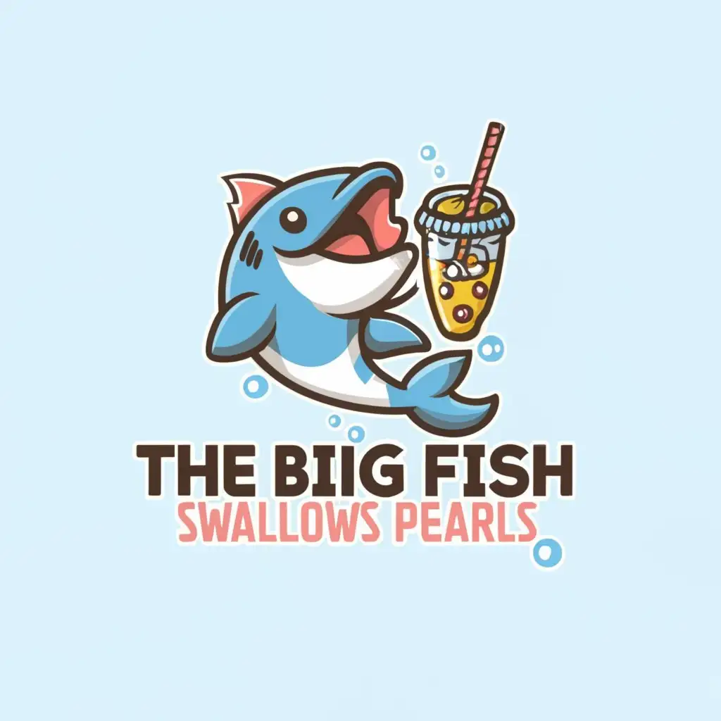 a logo design,with the text "The big fish swallows pearls", main symbol:fish, bubble tea, cute,Moderate,clear background