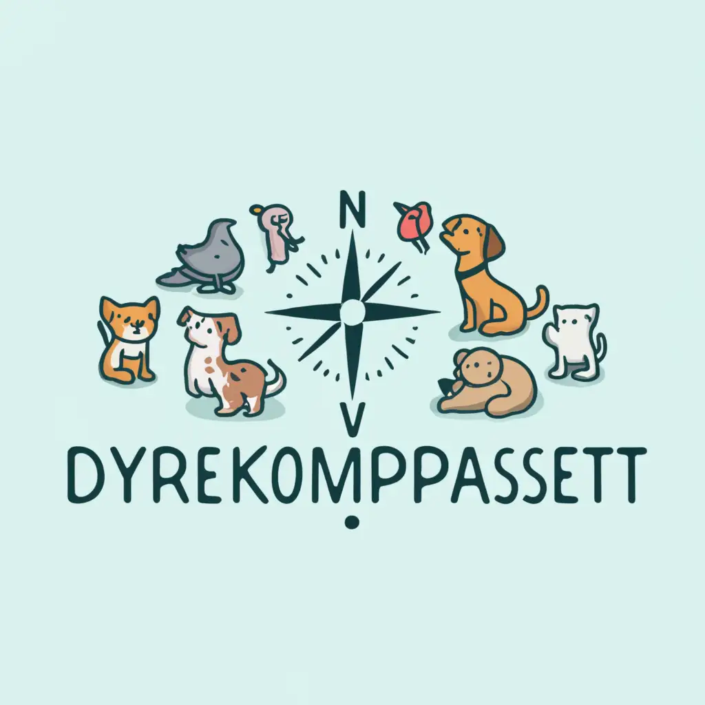 a logo design,with the text "dyrekompasset.dk", main symbol:A group of silhouettes of various pets (such as dog, cat, bird, etc.) gathered around a compass.,Moderate,clear background