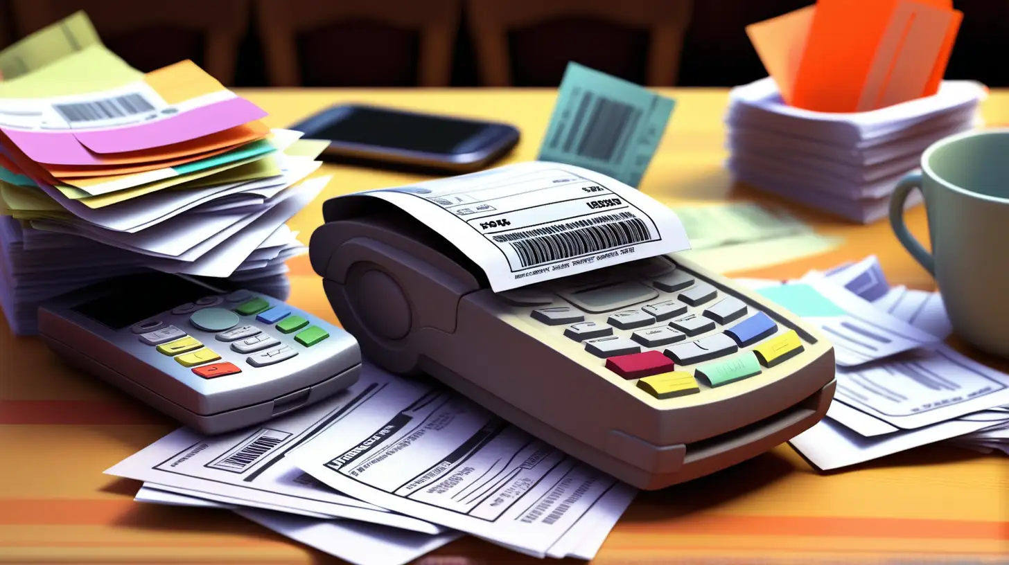 A stack of receipts beside a cell phone on a table
colorful pixar style no watermark