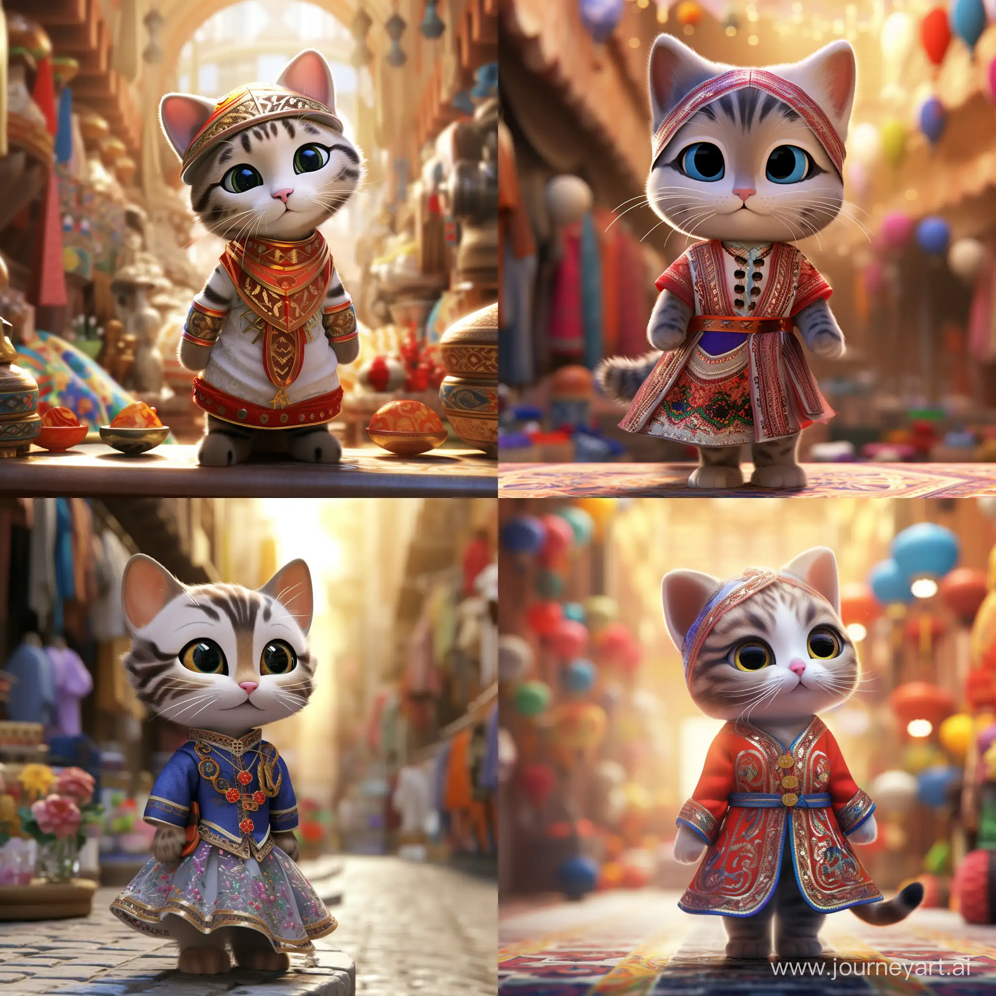 A beautiful Disney Cat, funny big eyes, long moustache, very happy, wearing colorfull traditional Moroccan costume, spring costumes, "2024" is written on the store, traditional Moroccan street, Disney Pixar Animation style, movie lighting, Blurred background, high resolution, 3D, ultra HD 3D rendering best quailty, masterpiece, flat illustration