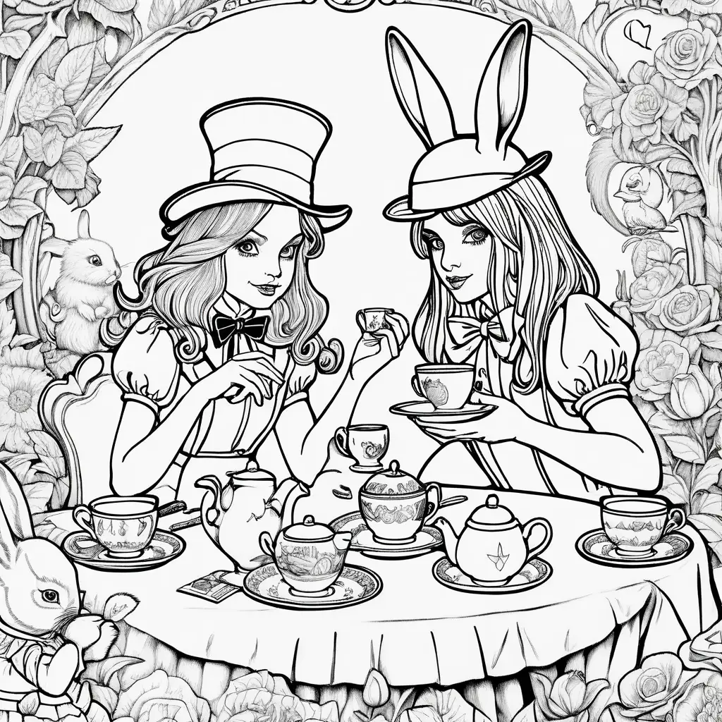 Coloring book image. Black and white. Outline only. Highly detailed. Clean and clear outlines that allow for easy coloring. Ensure the design provides ample space for creativity and coloring. High fashion high fantasy Alice in Wonderland at a tea party with White Rabbit and Mad Hatter.