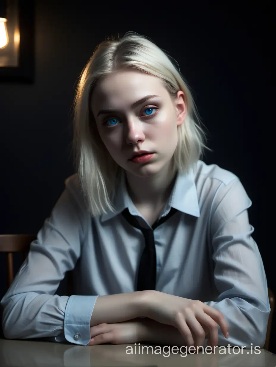 portrait of a lonely girl, feeling lonely, silent situation, moody feeling, twenties of age, blondie, blue piercing eyes, double chinned, white pale skin, grey shirt, high nose, thin lips, beauty, sitting in a chair, there's a black table with empty glass around, real lighting situation, natural lighting, photo realistic image, realism, high detail picture, sharp and focused image, canon eos R6 image style, full frame camera sensor, depth of field, 85 mm f2 lens shot