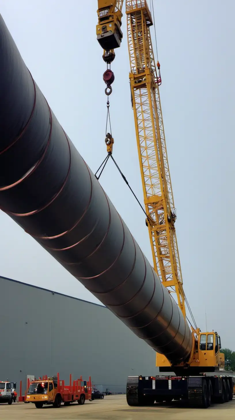 Heavy Horizontal Tube Lifted by Crane Industrial Construction Scene