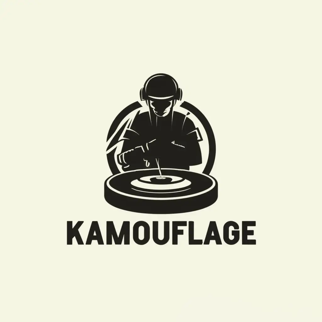 a logo design,with the text "K A M O U F L A G E ", main symbol:Soldier playing turntable,complex,clear background