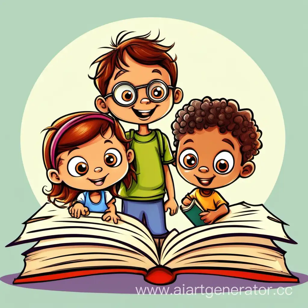 Joyful-Cartoon-Children-Reading-a-Book-in-Vibrant-Vector-Illustration