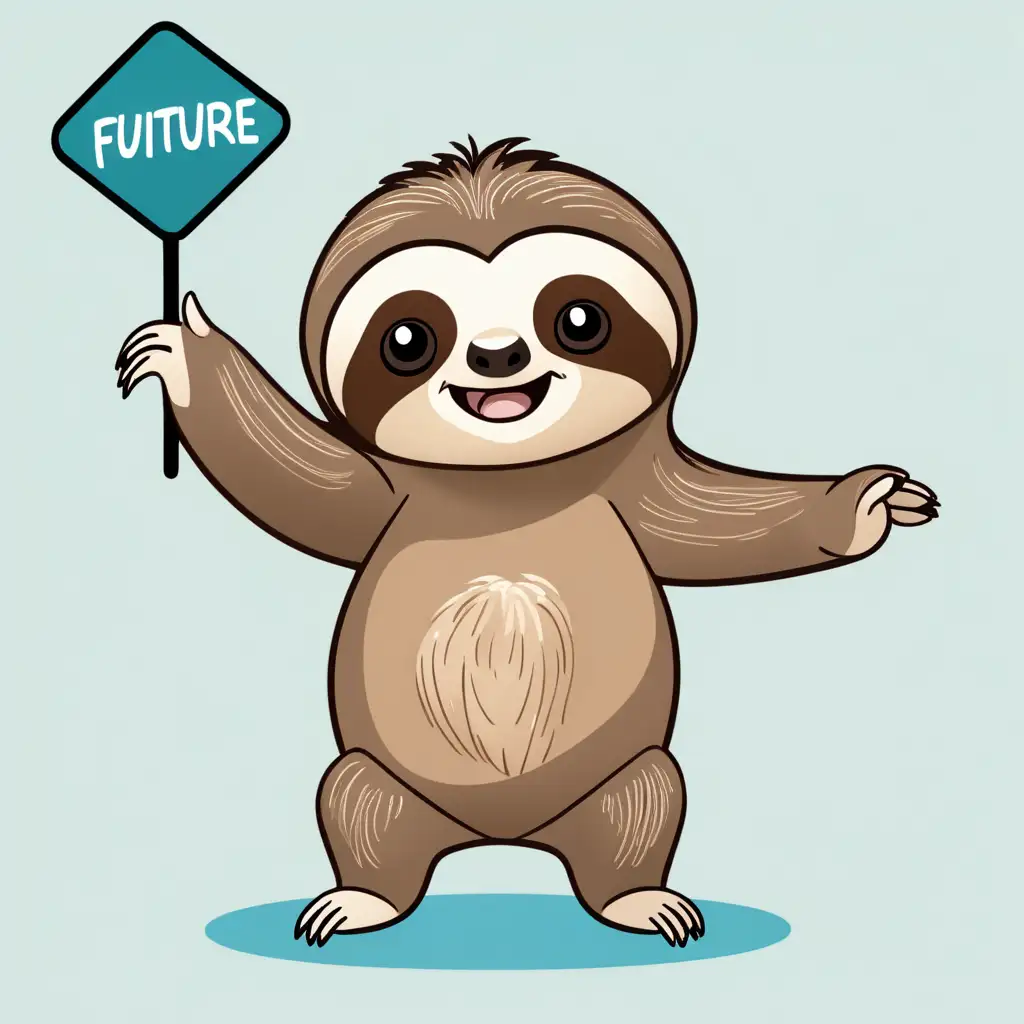 Cartoon baby sloth with a direction to the future