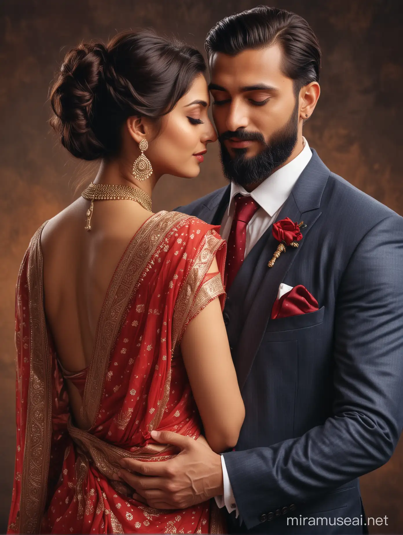 full portrait photo of most beautiful european couple as most beautiful indian couple, most beautiful girl in saree,  low cut back with big knot, red dot,  full makeup, NECKLACE,  embracing man from back side, girl holding man from back, girl holding man from back with emotional attachment and ecstasy, man with stylish beard and in formals and tie, photo realistic, 4k.