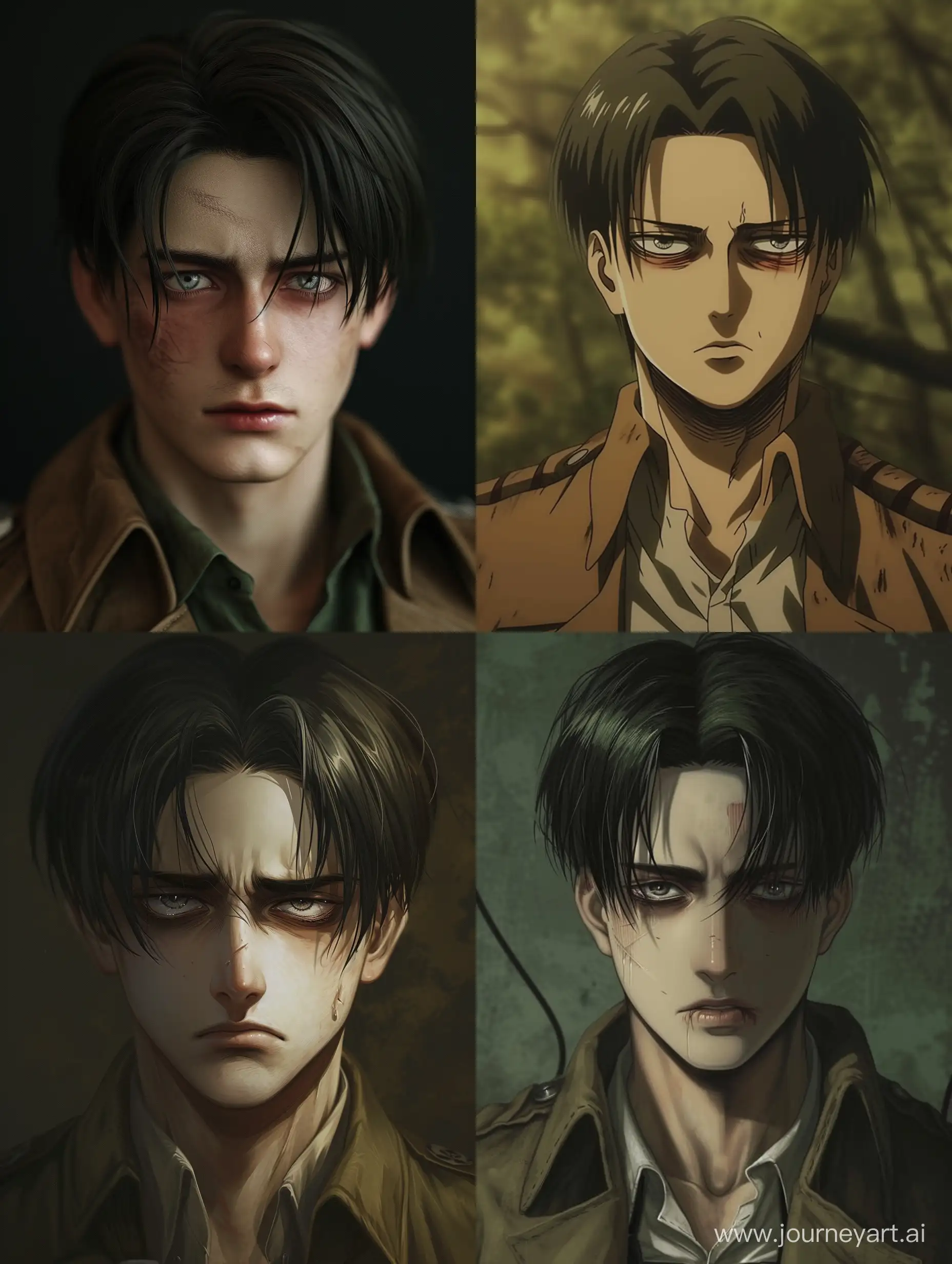 Realistic Levi Ackerman from Attack on Titan, in his 30s, with normal dark circles, slight mocking smirk, bored eyes with prominent whites