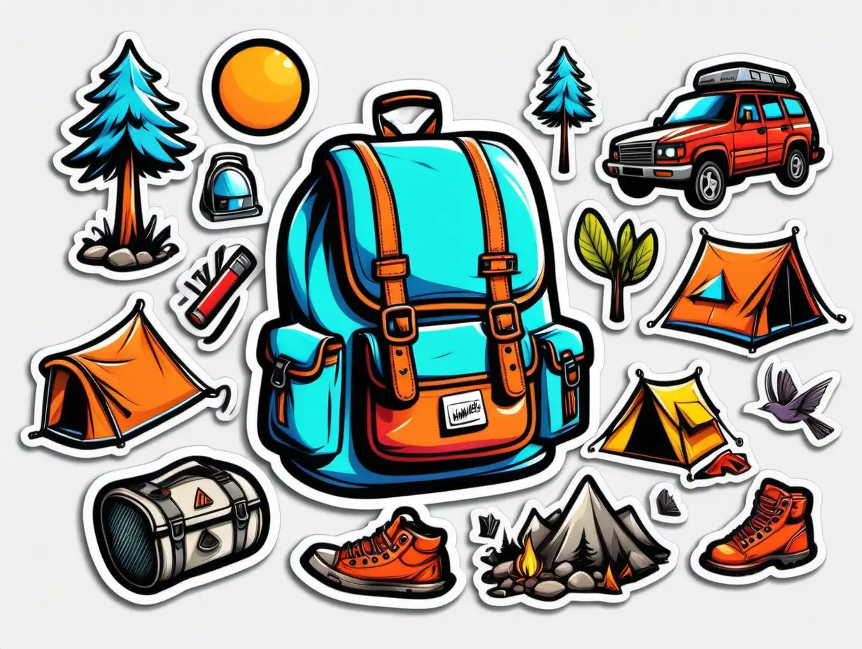 Cheerful Camping Bag Stickers Cool Colored Graffiti Contours on White Background