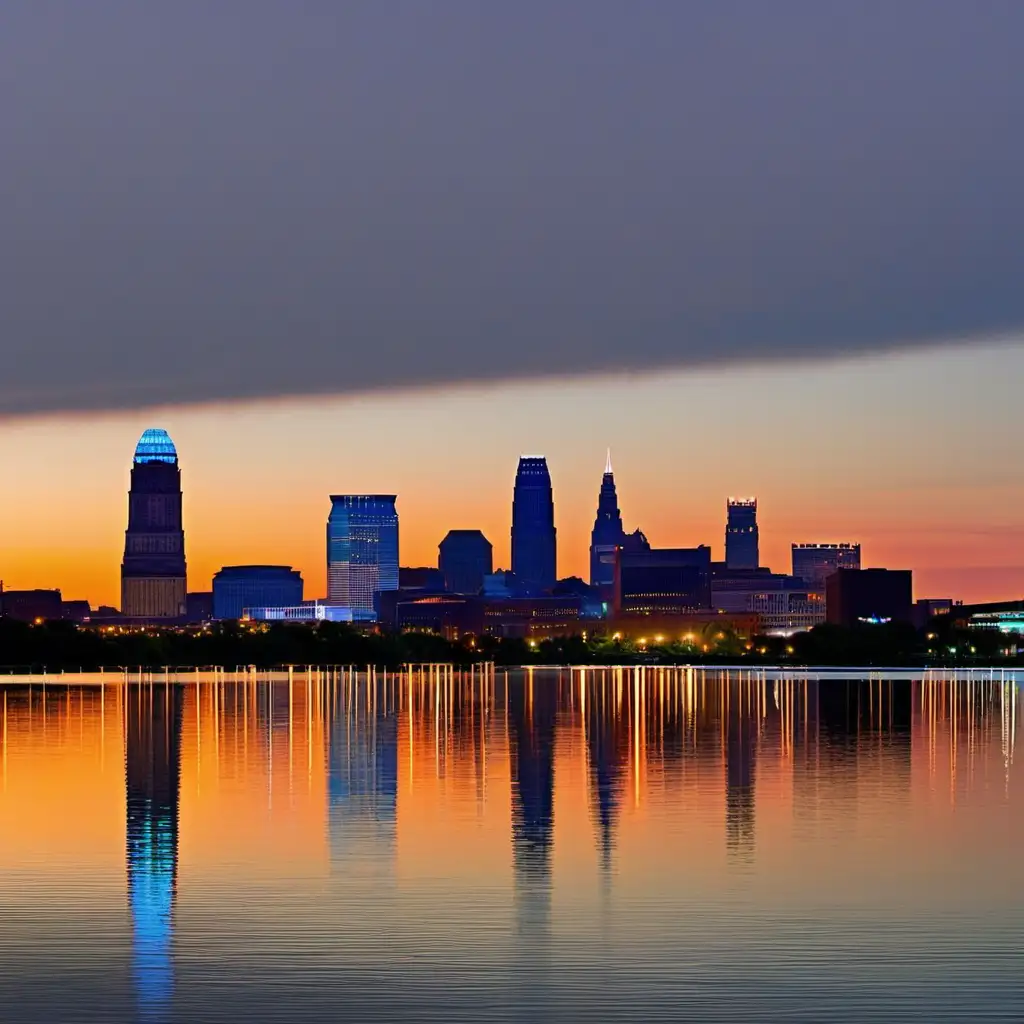 Cleveland Skyline Silhouetted Across the Lake at Dusk