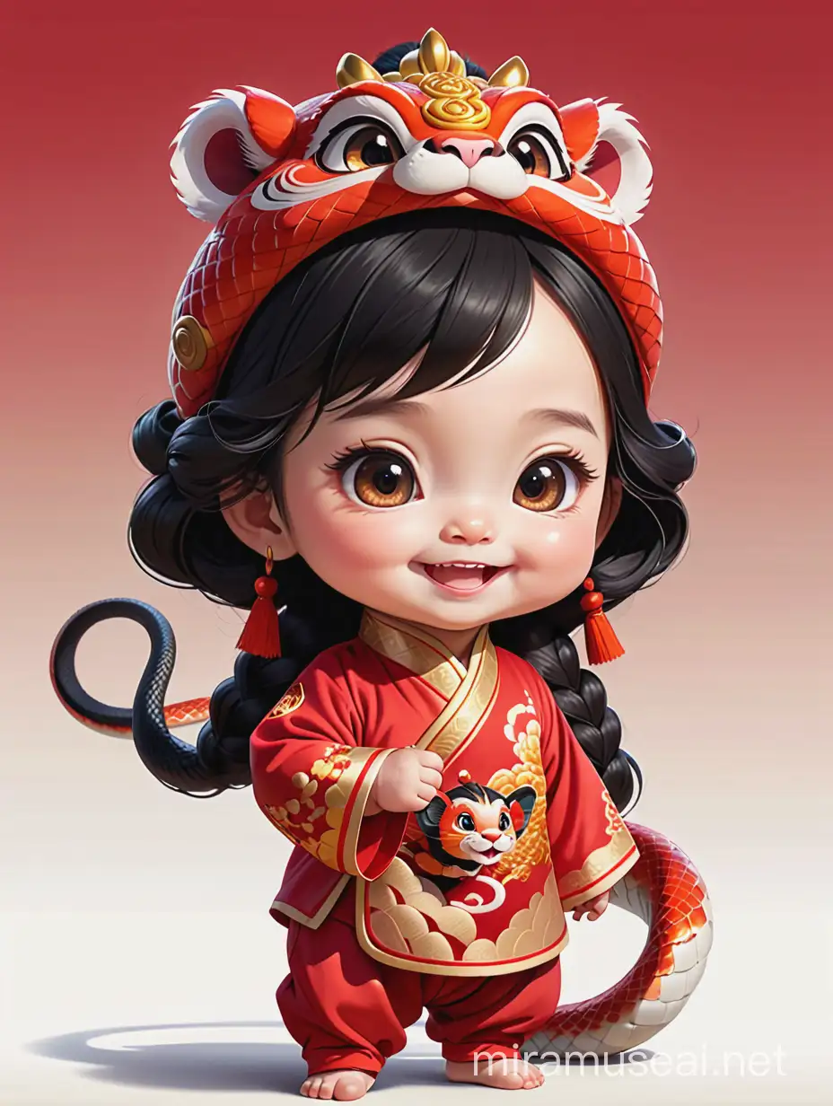 Solo, cute snake baby, black hair, wearing lion dance hat, auspicious, snake tail: 6, scales, wearing red Chinese clothing, with a happy expression on the face, illustration style, vector illustration, cute Q-version, cartoon style, rich colors, high detail, high resolution, hyperquality, 1080P/4K/8K, detailed, Front view, Full Length Shot (FLS),