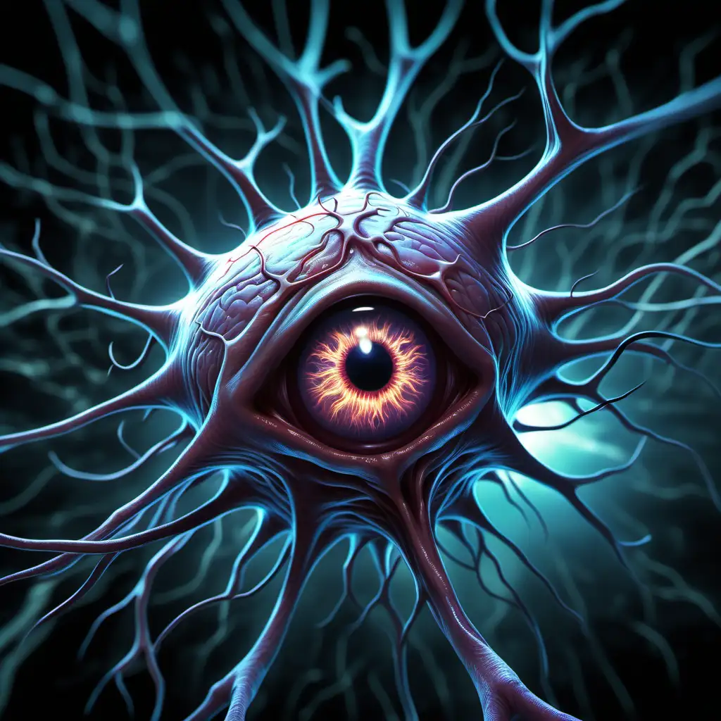 A giant eldritch neuron with an open eye in its nucleus peers down at you