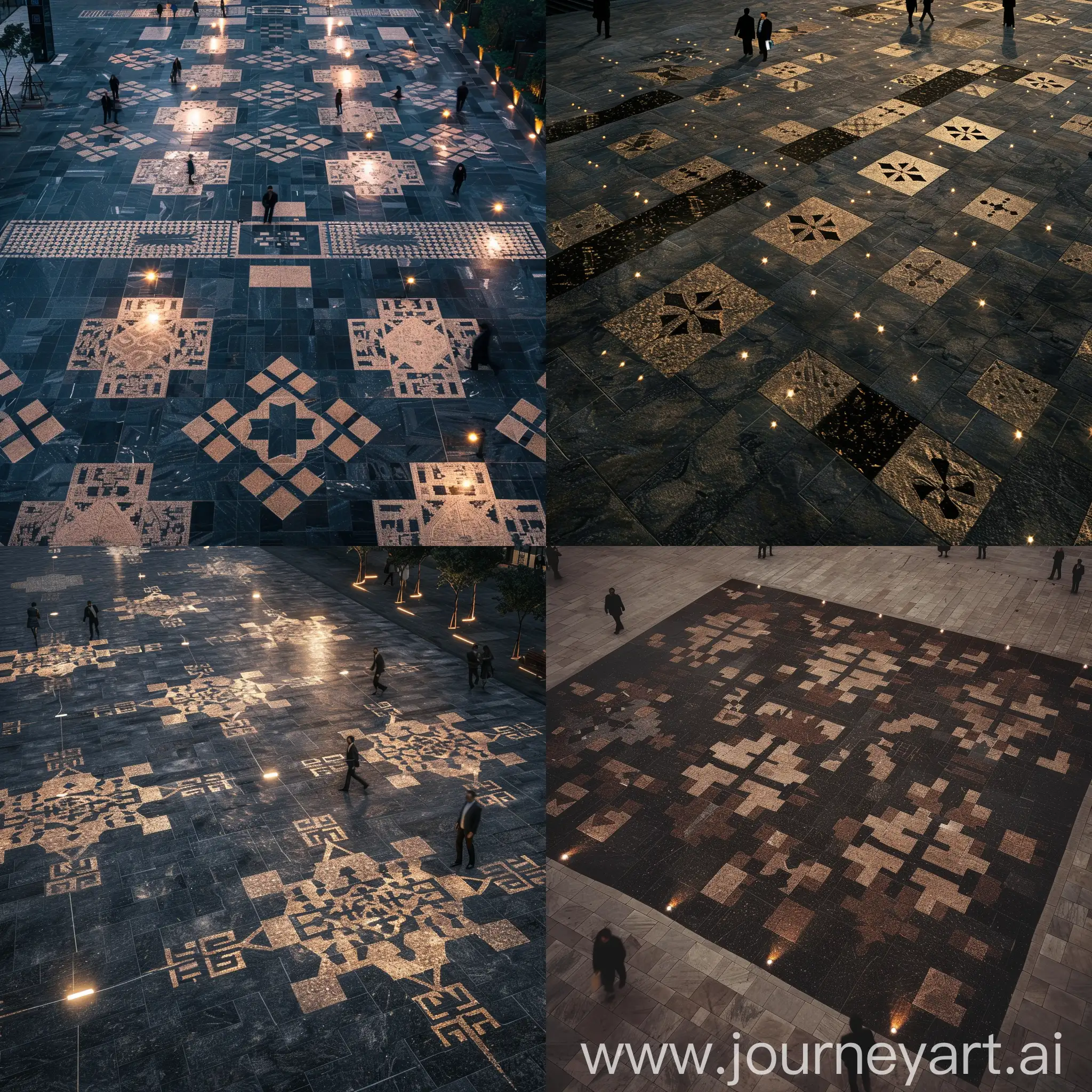 birds eye view on large stone paving in dark granite with national folk patterns in light-tone granite on business district plaza, stone surface is mostly dark, national pattern is repeatative, pattern is like a magic tablecloth, several business people walking in a large distance, lighting spotlights installed in pavement following folk patterns in paving, simple parametric granite patterns in squares and triangles like cross-stitch