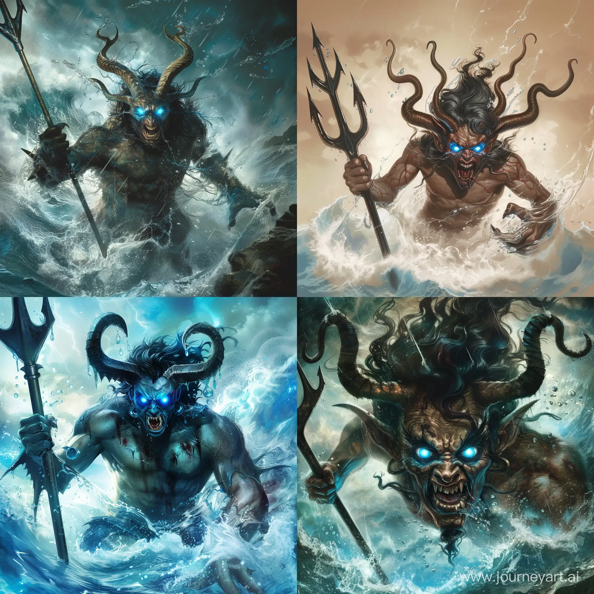 Demon of water full-length with dark-brained hair blue glowing eyes in a rage with six horns and a trident