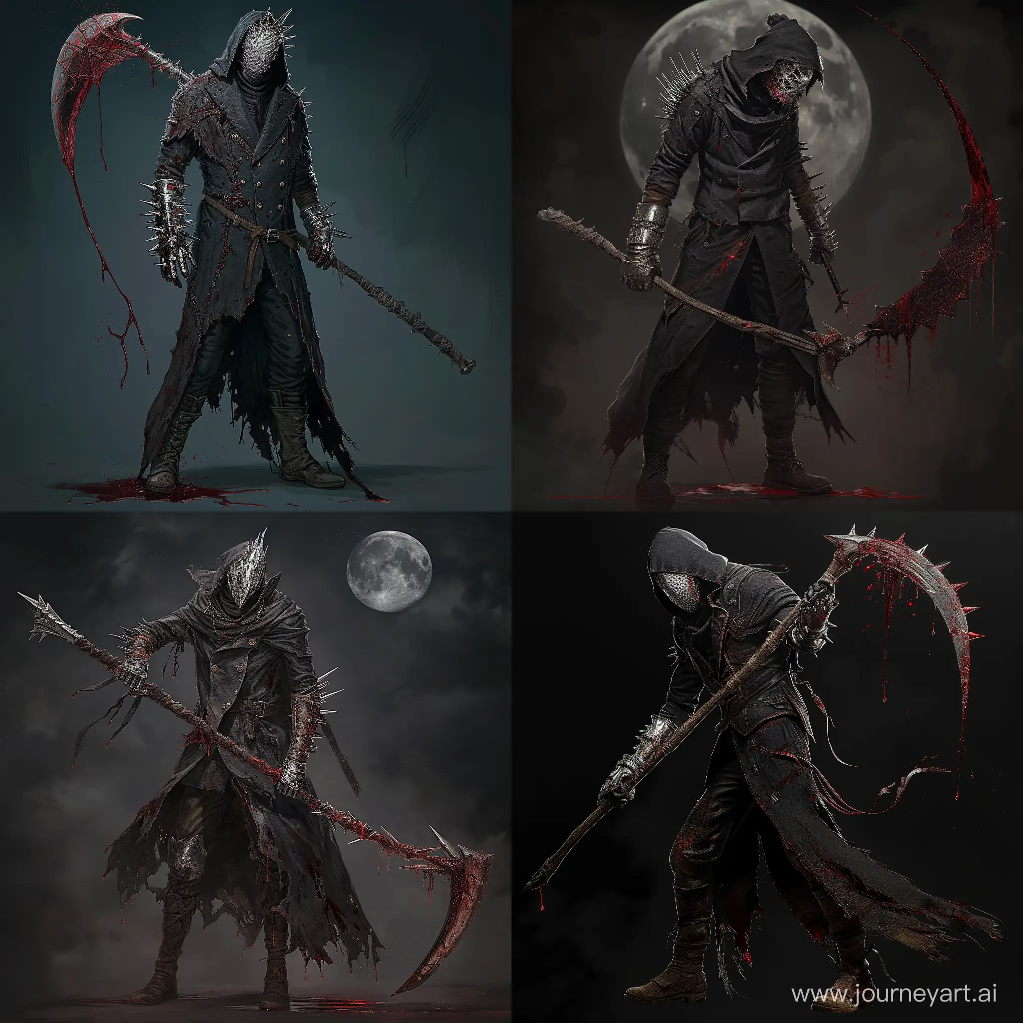a MAN wearing A long, tattered black coat with blood-red accents, Leather gloves with metallic spikes,A mysterious, face-concealing hood,Dark, worn-out trousers and knee-high boots, A jagged and asymmetrical silver mask covering half of the face, wielding A scythe with a blade that appears to be made of pure darkness, in a blood moon, 1990's pixel art detailed, 1970 dark fantasy style, souls borne style, dark lighting, gritty, edgy, blood on weapon
