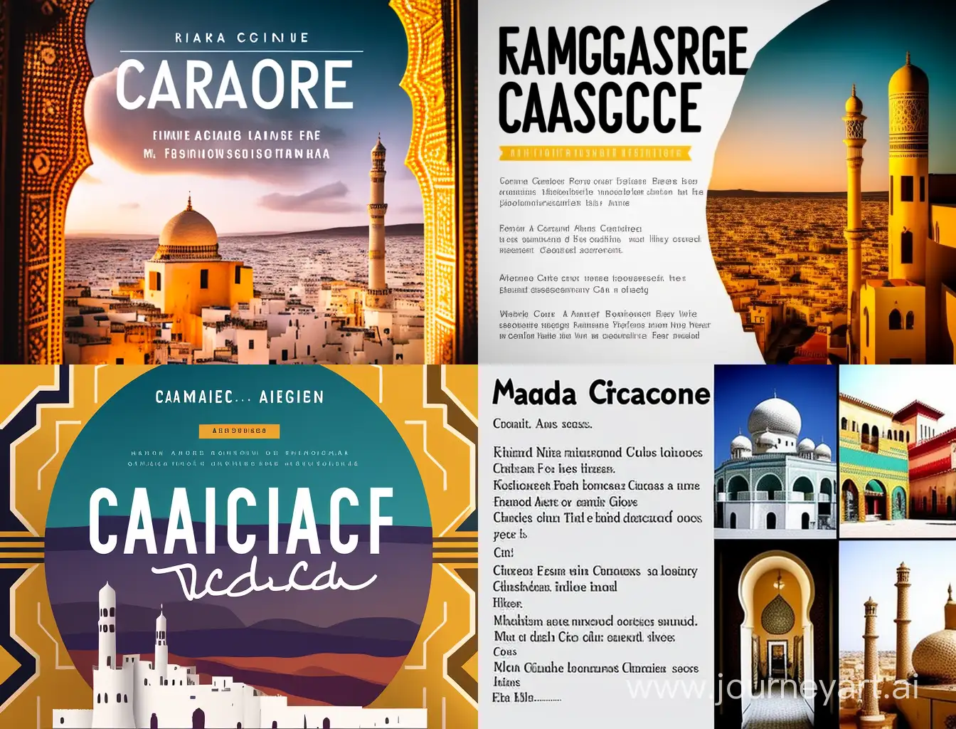 I'd like a creative, high-definition visual featuring the four main cities of Morocco: Rabat, Fes, Casablanca, and Tangier. Explore unique and imaginative interpretations of these cities by incorporating iconic elements such as the Hassan Tower for Rabat, the Medina of Fes, the Hassan II Mosque for Casablanca, and the Cape Spartel for Tangier. Encourage creativity by integrating surreal or futuristic elements that captivate the eye and spark curiosity. The goal is to create a stunning visual that celebrates the cultural richness and diversity of these Moroccan cities in a new and unexpected way