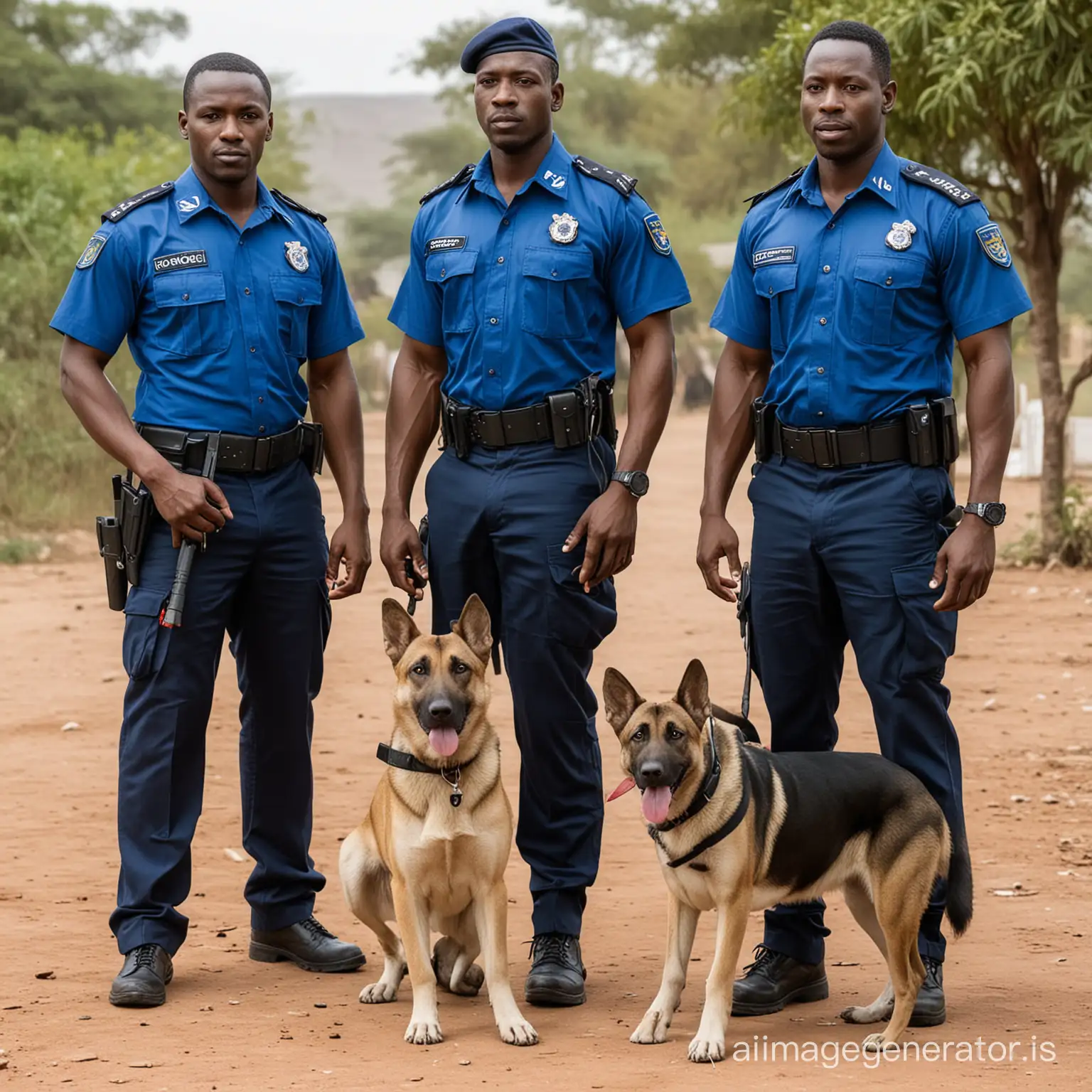 On African security staff well equip,  wearing inform of color: #6495ED “bleu” as shirt and black pants., with security dogs Appearing as well trained security guards. 