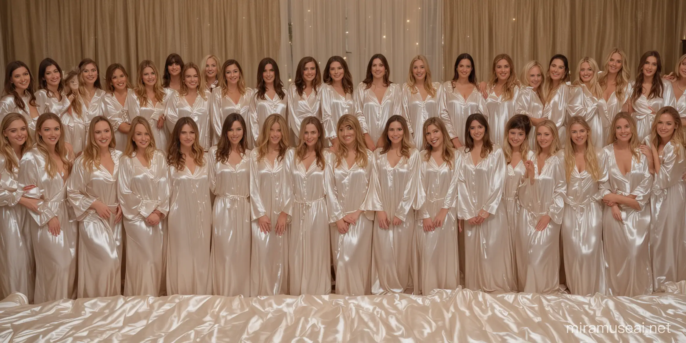 Gathering of Women in Milky Satin Nightgowns on Giant Bed