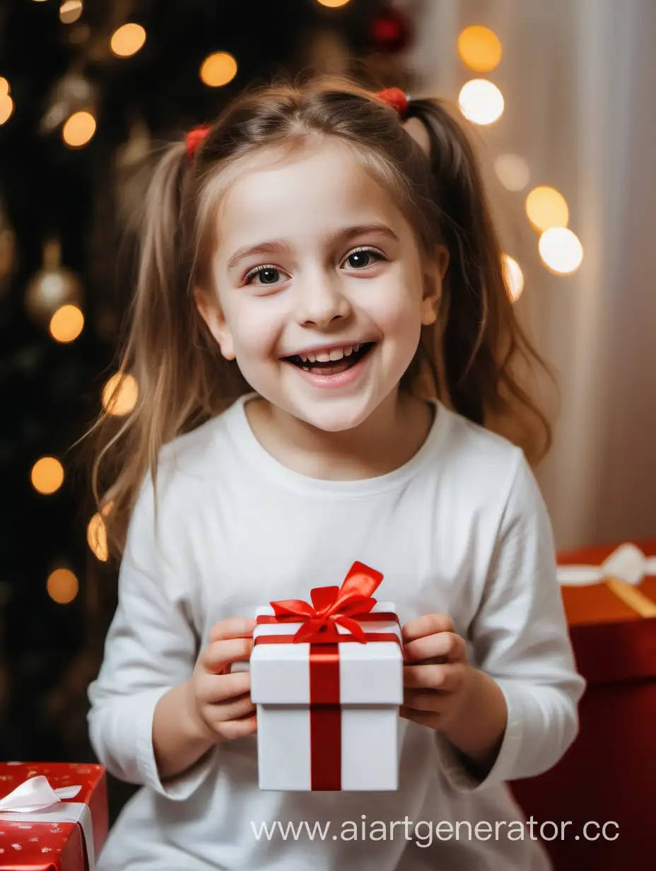 An admiring little girl looking straight very happy and admiring with gift tiny box in hands