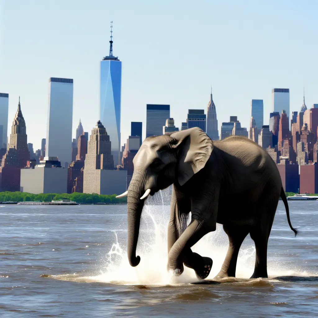    a tall long legs elefants splash in Hudson river in front of manhattan