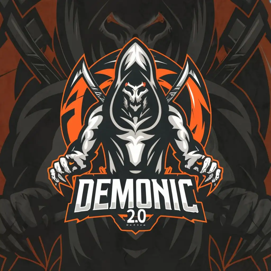 a logo design,with the text "Demonic 2.0", main symbol:death figure with a hood, glowing eyes, holding a scythe,complex,be used in Sports Fitness industry,clear background