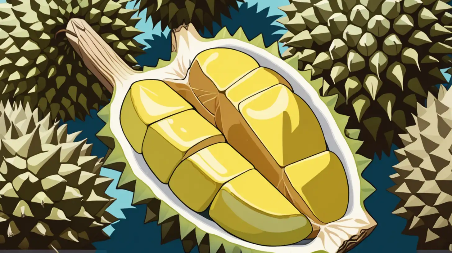An anime-style fruit of Thailand, with a focus on the durian. 