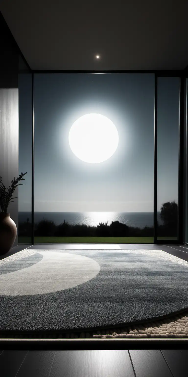 A modern carpet in a modern house with dramatic light and a window showing a moon outside in the sky 