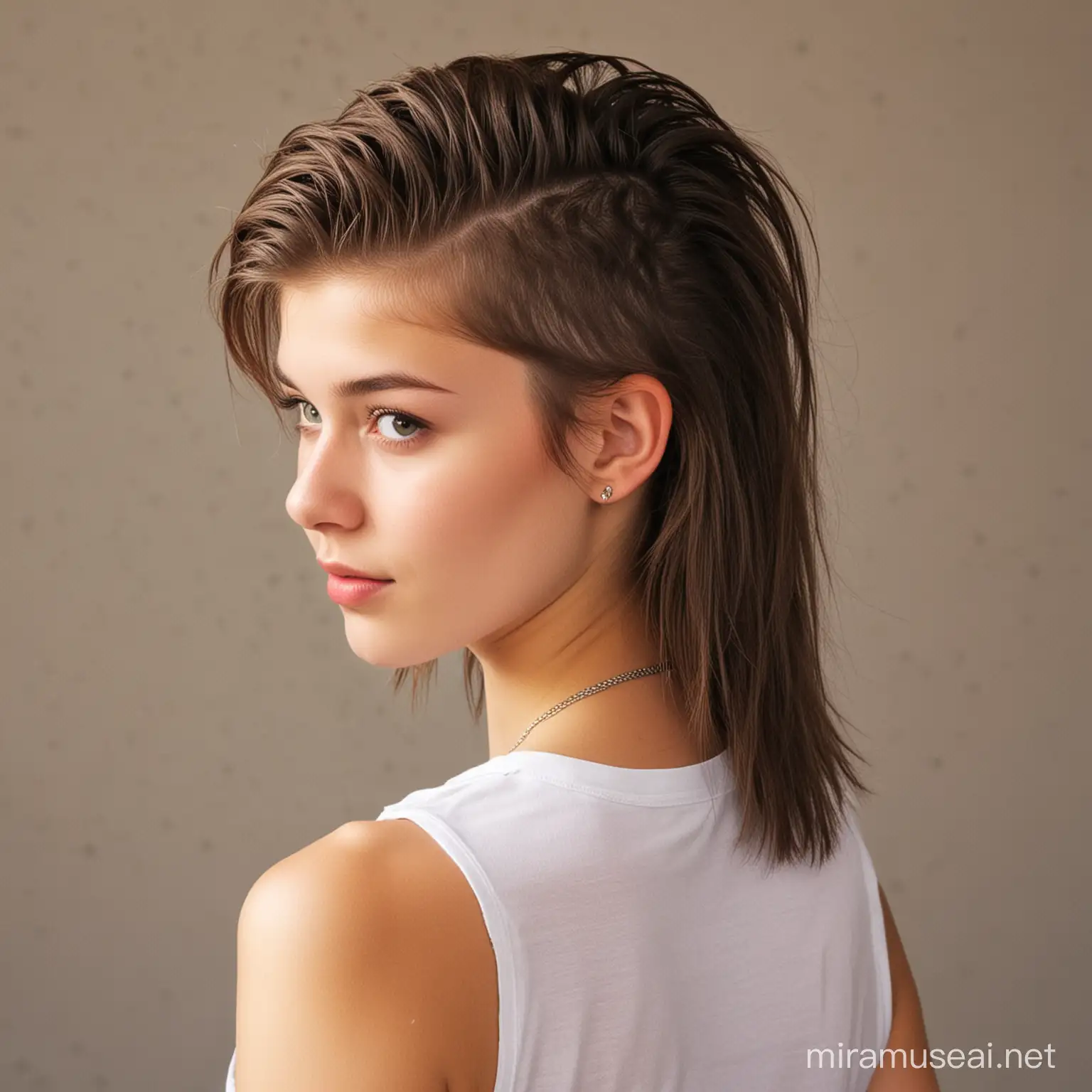 A gergeous girl. She is 18 years old. She has a mullet haircut