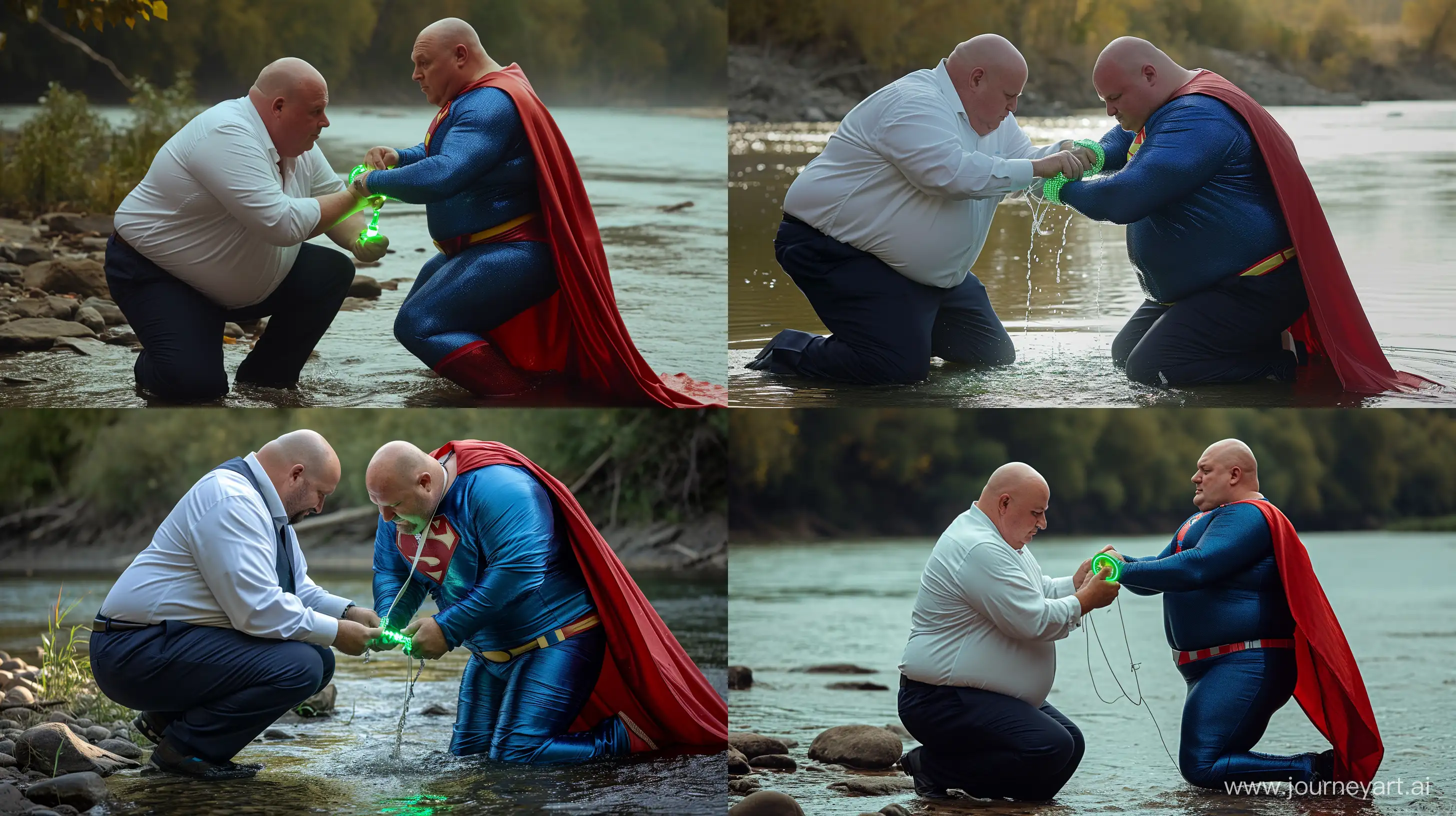 Close-up photo of a chubby man aged 60 wearing navy business pants and a white shirt, kneeling and tightening a green glowing small short dog collar on the neck of another chubby man aged 60 kneeling in the water and wearing a tight blue silky superman costume with a large red cape. River Outside. Natural light. Bald. Clean Shaven. --style raw --ar 16:9 --v 6