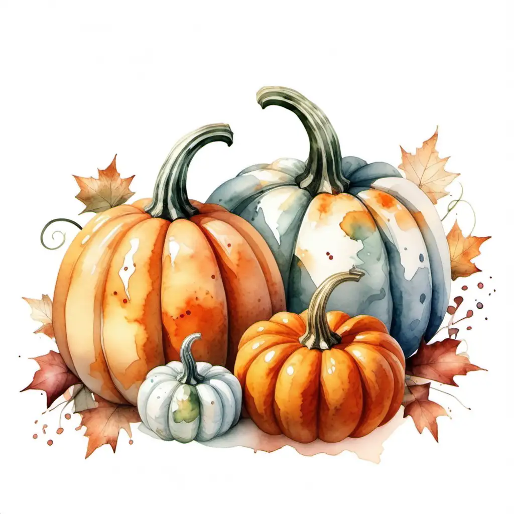 Vibrant Watercolored Pumpkins on a Clean White Background