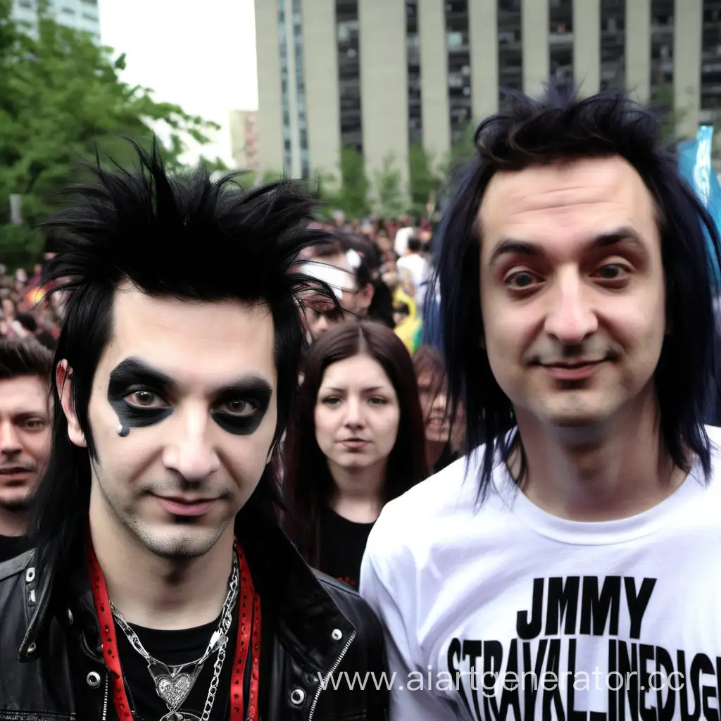 Yuri Kaplan from the Ukrainian band "Valentin Stravkalo" stands next to Jimmy Yurin from the band "Mindless Self Indulgence". Yuri Kaplan stands with sad eyes. Jimi Yurin looks at Yuri Kaplan with a perky smile. There's a crowd of people behind them. They're rock stars.