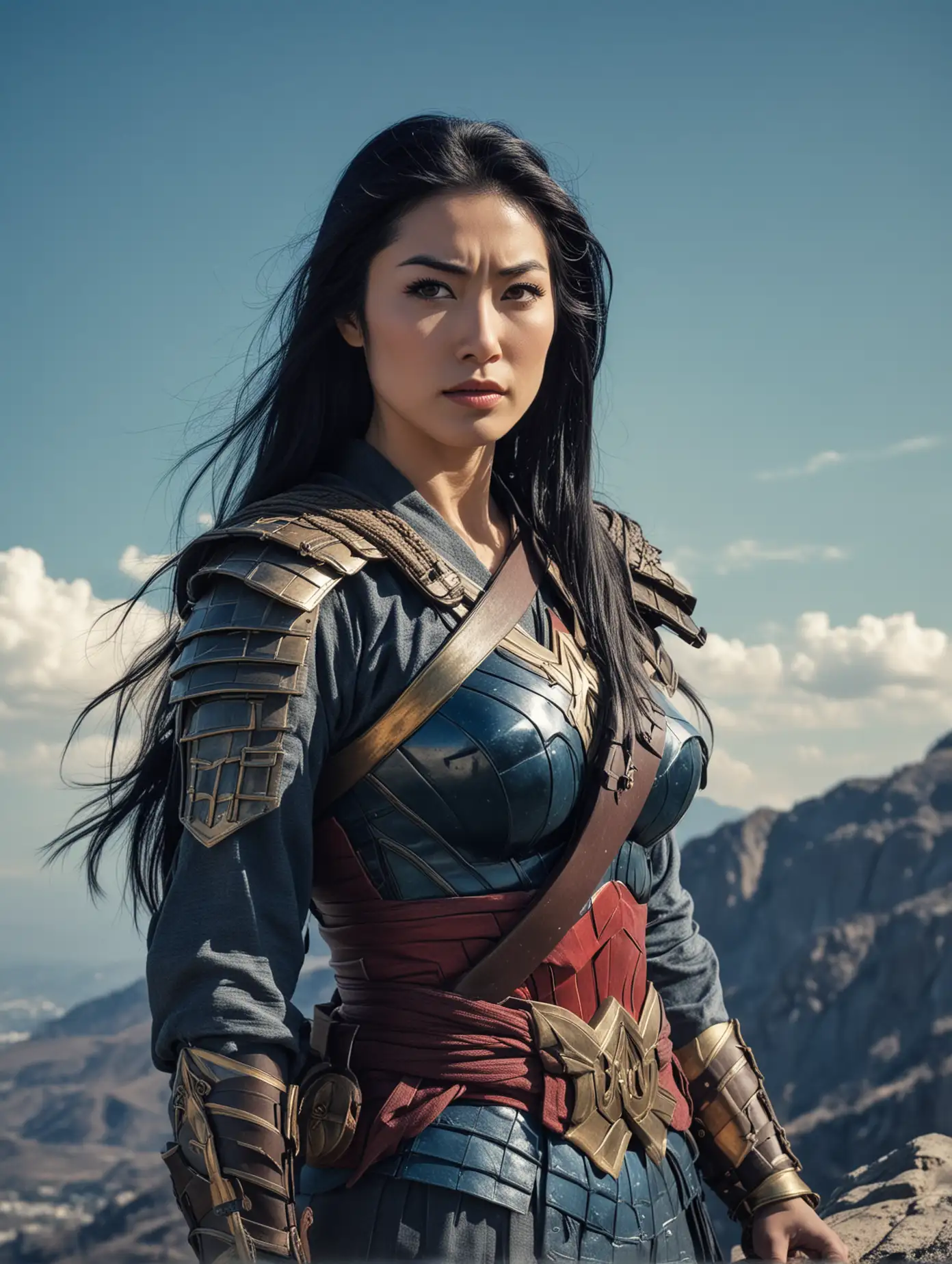 photograph, upper body shot, of a well built Samurai woman, face looking at the viewer, heroic pose, dressed like Wonder Woman, long black hair, folded arms, on a mountain top, amazing blue sky, (masterpiece:1.0), (best quality:1.0), flash photography, realistic, dramatic lighting, analog-photo, Woman