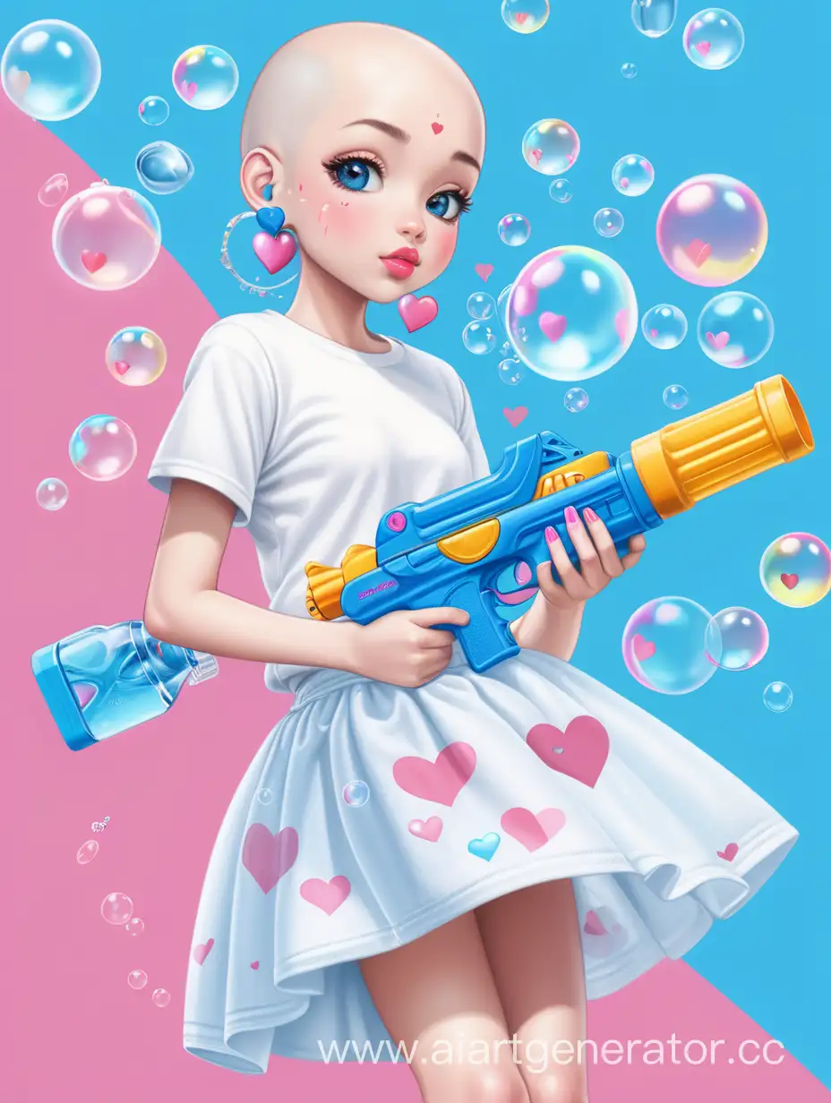 Playful-Asian-Girl-in-Stylish-Attire-Blowing-Soap-Bubbles-with-Water-Gun