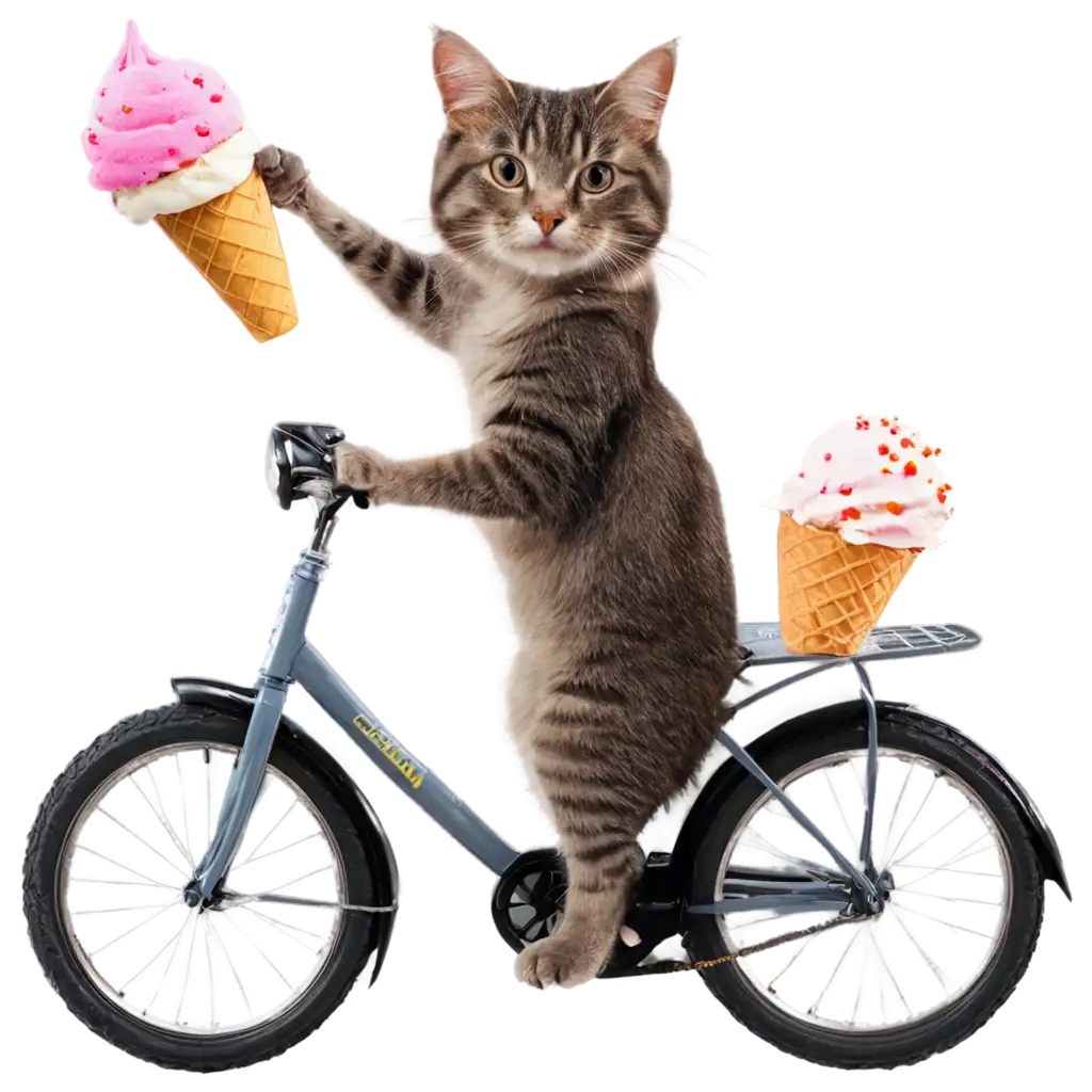 a cat on a bicycle, with ice cream in its paw