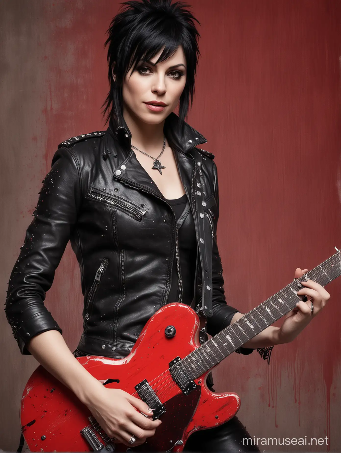 Very detailed realistic photographic image for the album poster featuring female guitarist Joan Jett in a rocker-style costume looking very attractive playing her guitar, the texture and color are very firm and clear, the background is white with red paint spots,