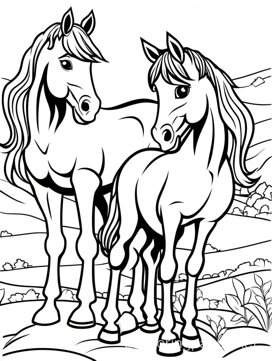 Adorable-Horse-and-Foal-Coloring-Page-for-Kids-Black-and-White-Line-Art