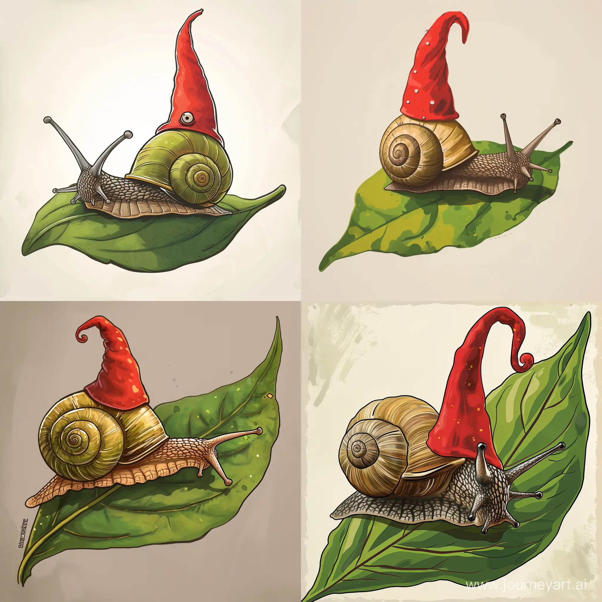 a snail with a red gnome hat on top, on a pepper leaf in cartoon style